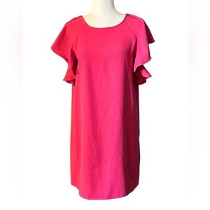 FRNCH Pink Ruffle Sleeve Hot Pink Knee Length Dress with Keyhole Back Size M/L